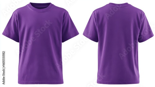 Stunning photo of blank purple kids t-shirt mockup front, back view. Isolated on white background. Studio shot of plain purple shirt. Casual attire. Empty template.
