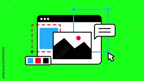 Bold Flat Animation of Website Editor Interface with Color Picker Layout Elements and Green Screen Background