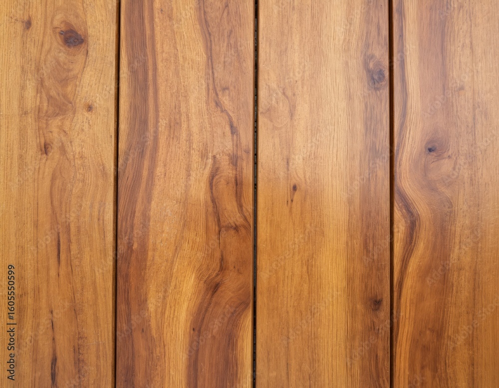Fototapeta premium Close-up of polished wooden decking exhibiting rich grain patterns, warm tones under natural light. Wood texture displays craftsmanship suitable for luxury home improvement, flooring, patio, terrace