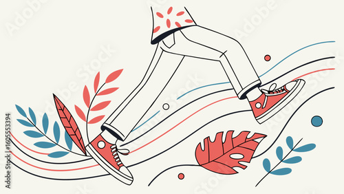 Abstract Illustration of Legs Walking with Sneakers, Botanical Elements, and Flowing Lines