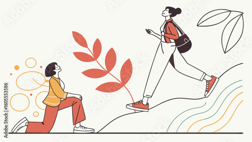 Personal Growth Journey: Woman progressing uphill, another contemplating, symbolizing aspiration and development