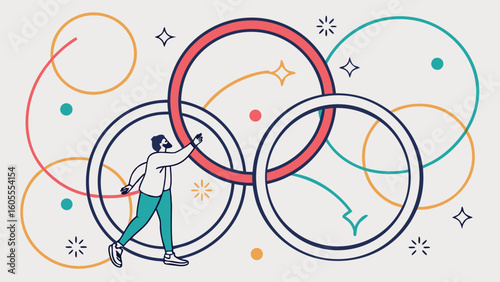 Abstract interconnected rings with a person, representing sports, achievement, and unity