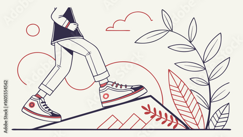 Minimalist Line Art Illustration of Person Walking Uphill. Journey, Progress, and Growth Concept with Nature Elements.