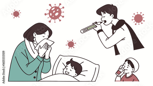 Health concerns: People with cold, flu, and fever symptoms, surrounded by virus particles