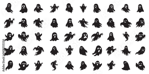 Ghost halloween horror silhouettes set, large pack of vector silhouette design, isolated white background