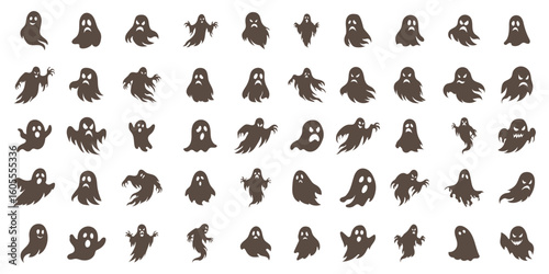 A large and diverse collection of black ghost silhouettes with various expressions including mischievous and cat like spirits perfect for halloween fun 