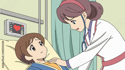 Anime-style doctor examines young patient with stethoscope in hospital room with medical monitor