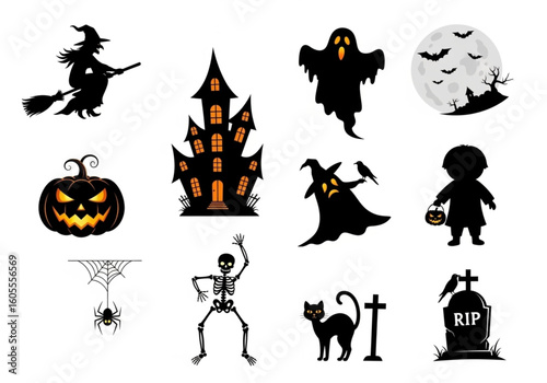 Black Silhouette Halloween Icons Set , Spooky Symbols, Witch, Haunted House, Pumpkin