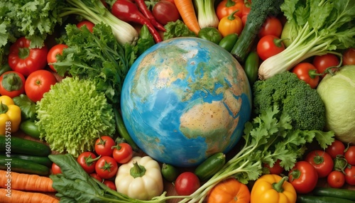 Fototapeta Naklejka Na Ścianę i Meble -  Global assortment of fresh vegetables surrounds planet Earth, healthy food, environmental connection. Features produce like tomatoes, carrots, broccoli, lettuce, peppers, cucumbers, representing