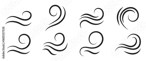 Wind line doodle set. Blue hand drawn wind swirls and gusts. Decorative breeze symbols for weather, nature, and climate designs.