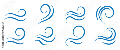 Wind line doodle set. Blue hand drawn wind swirls and gusts. Decorative breeze symbols for weather, nature, and climate designs.