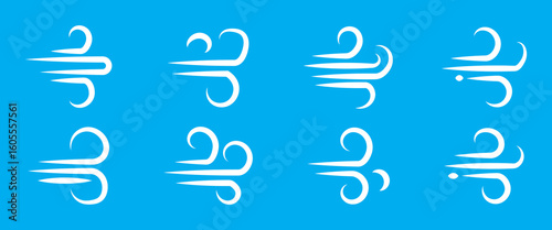 Wind line doodle set. Blue hand drawn wind swirls and gusts. Decorative breeze symbols for weather, nature, and climate designs.