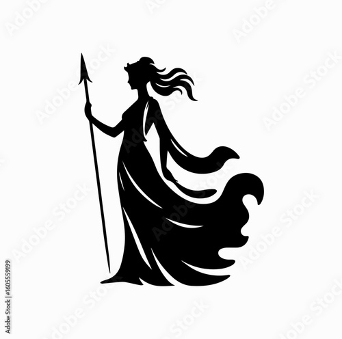 Greek Goddess Silhouette – Athena or Artemis with Weapon Vector Icon