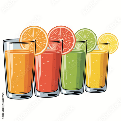 Assortment of freshly squeezed fruit juices in glasses with citrus slices