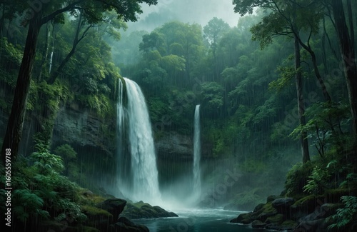 Rich forest waterfall during summer rain. Cascading water, mossy rocks, dense green vegetation. Serene, mystical, enchanting atmosphere of a wild, wet, damp ecosystem, showing vibrant life and growth.