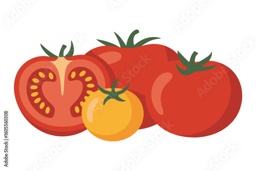 Fresh ripe tomatoes and one yellow tomato isolated on white background