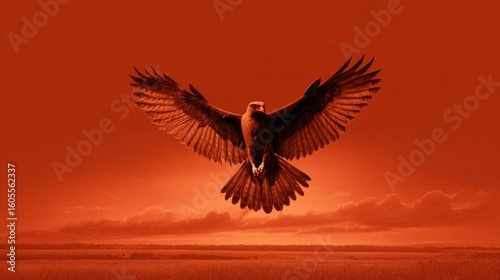 Hawk soaring against orange sky
