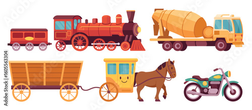 Collection of vintage and modern vehicles including trains horse cart and motorcycle