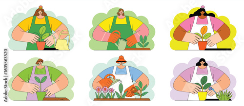 Diverse people gardening and caring for plants in a flat illustration style