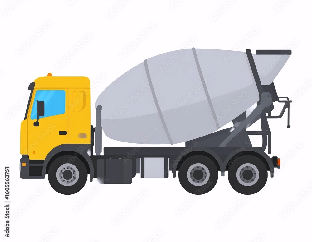 Fototapeta premium Bright Yellow Cement Mixer Truck with Large Drum on White Background