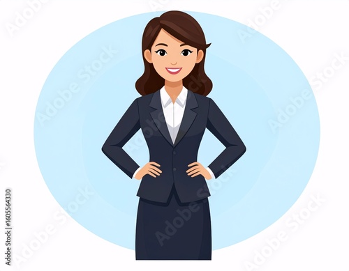 Confident Cartoon Businesswoman in a Dark Suit, Posing with Hands on Hips