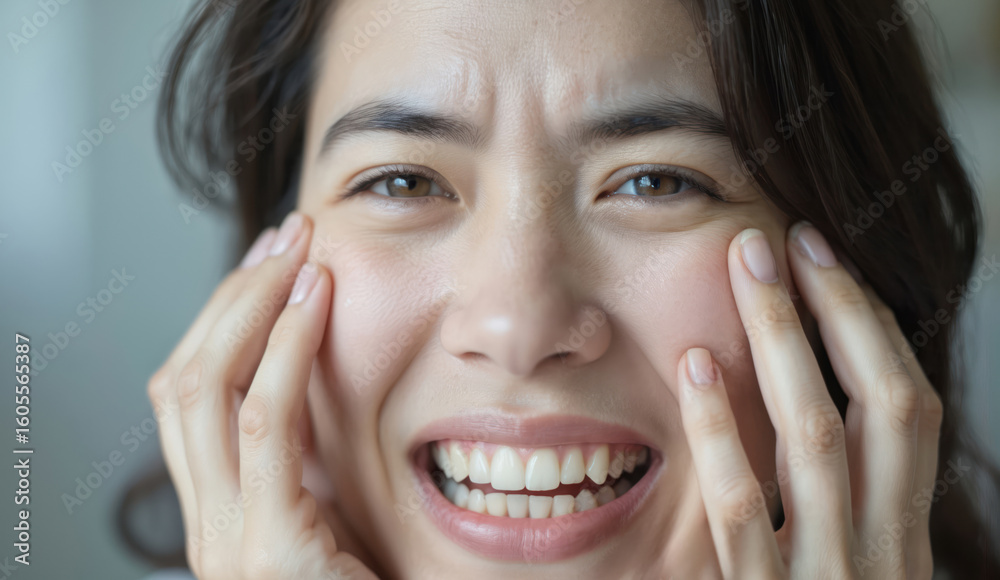Young Asian woman experiencing sensitive teeth discomfort. Her facial expression shows pain and worry. The image focuses on her mouth and face, highlighting dental issues and the need for oral care. Young Asian woman experiencing sensitive teeth discomfort. Her facial expression shows pain and worry. The image focuses on her mouth and face, highlighting dental issues and the need for oral care.