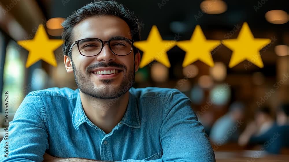 Happy Customer Smiling with 5-Star Rating Review in a Restaurant, Satisfaction Concept