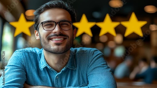 Happy Customer Smiling with 5-Star Rating Review in a Restaurant, Satisfaction Concept
