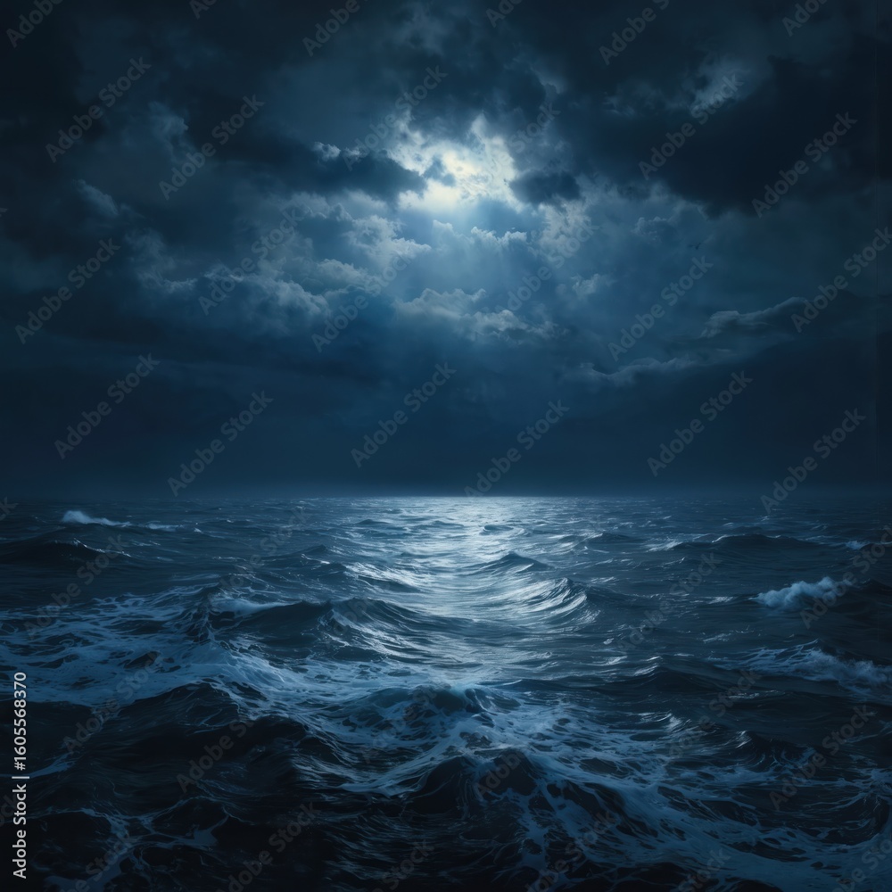 Obraz premium Dark blue sea under stormy skies with dramatic clouds, moonlight. Rough ocean waves create white foam. Horizontal seascape with textured watercolor style, conveying sense of deep water, dynamic