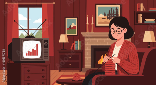 Cozy Evening Knitting While Watching Positive Market Trends On Tv