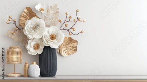 White and gold decorative floral arrangement in a dark vase on a shelf.