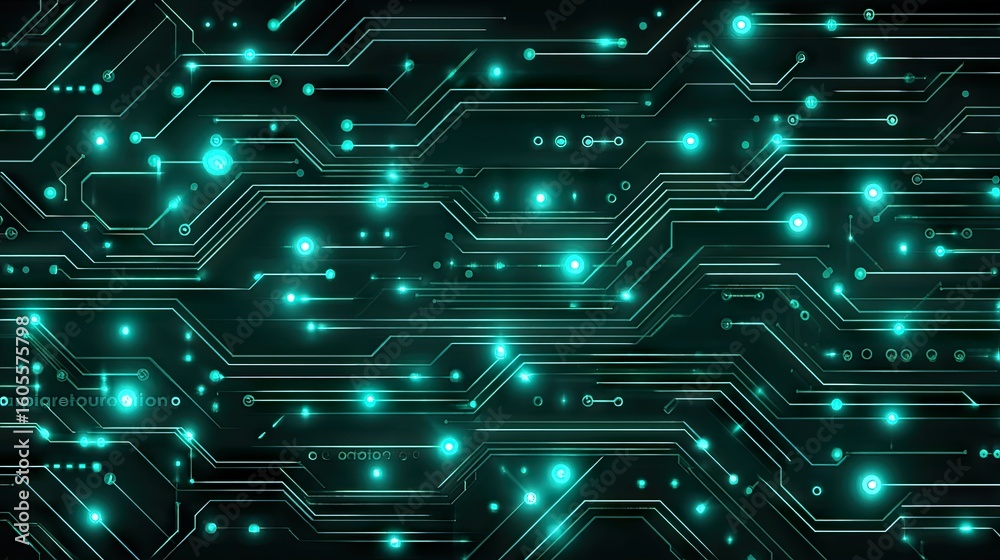 Fototapeta premium Teal glowing circuit board pattern design.