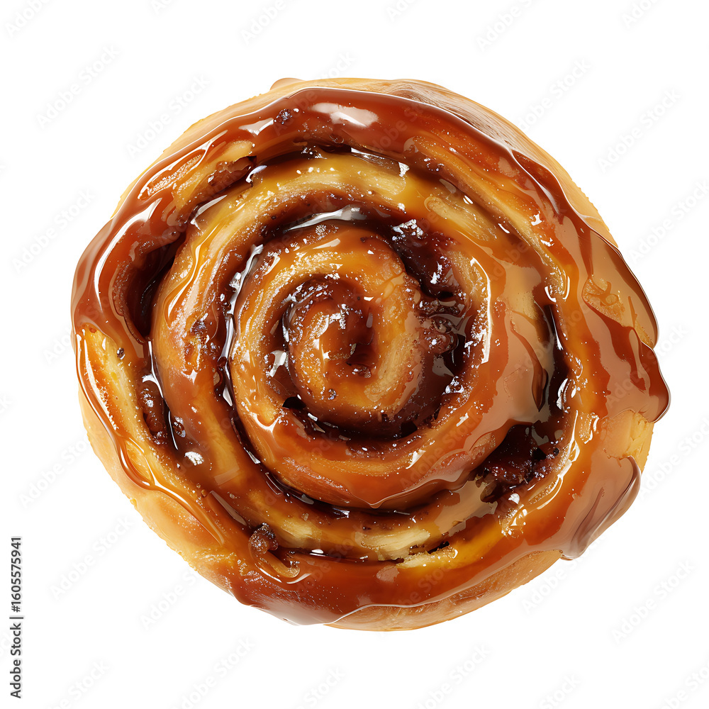 Fototapeta premium Top View of a Glazed Cinnamon Roll with Swirled Layers