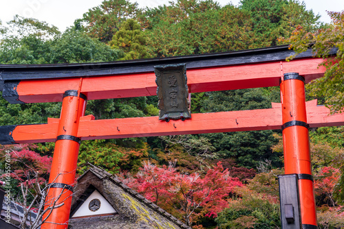 Fotografie The iconic Ichi no Torii gate of Atago Shrine, with the Hiranoya teahouse and vibrant autumn foliage in Sagano, Kyoto, Japan