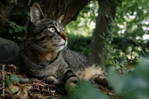 Wallpaper Mural A tabby cat rests peacefully, gazing attentively towards the right, under a tree. Torontodigital.ca
