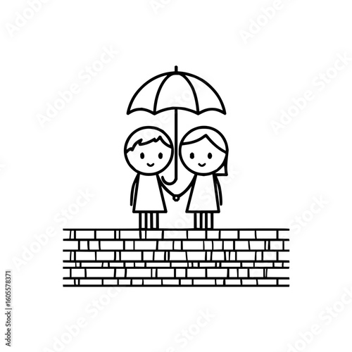 Doodle style drawing of a boy and girl holding hands under an umbrella standing on a brick wall together
