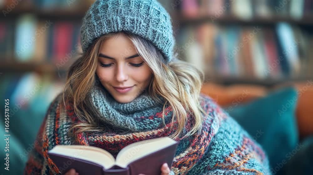Cozy woman reading in a library, enjoying literature and the warmth of winter, serene moment Cozy woman reading in a library, enjoying literature and the warmth of winter, serene moment
