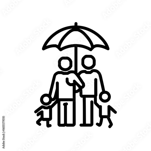 Illustration of a family consisting of parents and children standing under an umbrella together nicely done