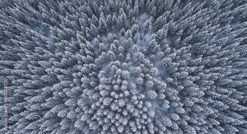 Aerial View of Snow Covered Forest in Winter