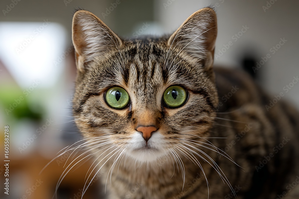 Naklejka premium Close-up portrait of a tabby cat with striking green eyes, looking directly at the viewer.