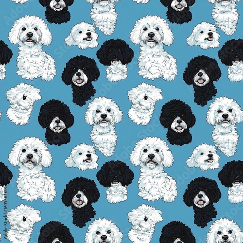 seamless pattern Bichon Frise dog, seamless fabric pattern, textile, blue background, fashion 