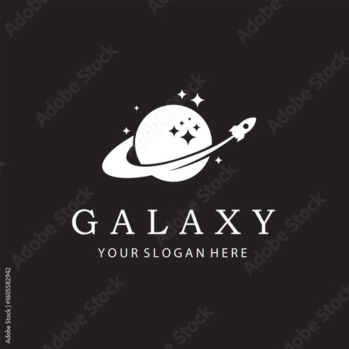 design of planet saturn with rocket isolated on black background