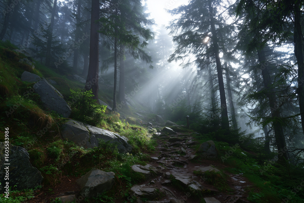 Obraz premium Mystical Forest Path with Sunbeams Through Thick Fog