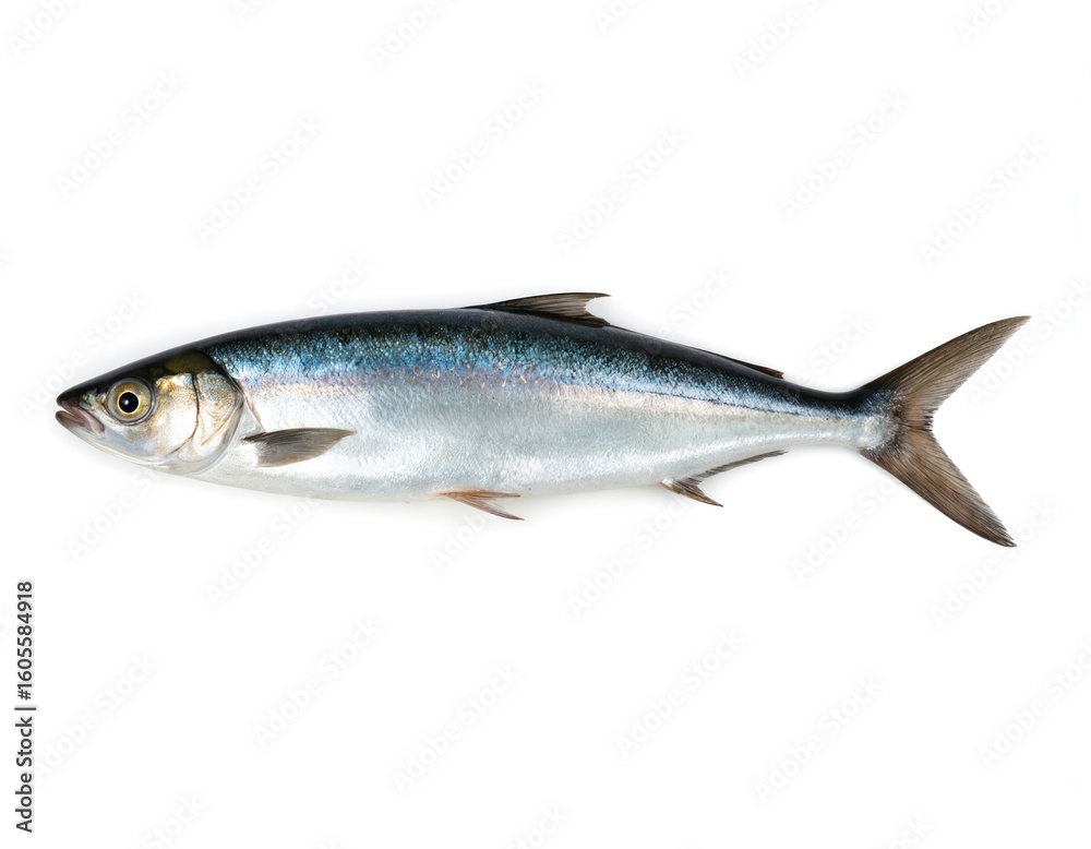 Naklejka premium Single sardine fish with sleek texture isolated on white background studio shot. Ideal for seafood advertisements culinary recipes healthy protein diet. Natural fresh edible product.