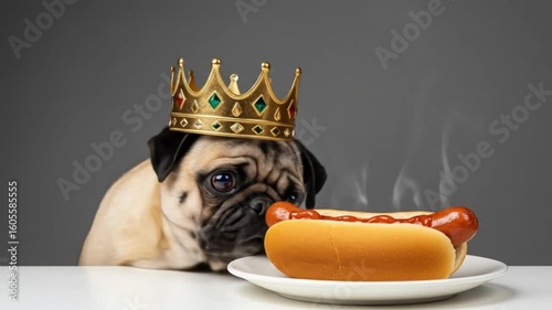 Pug with a crown and a hotdog on a plate against a gray background looking forward