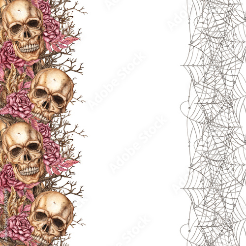 Frame with skulls, roses and dry branches on the left and cobwebs on the right, square with borders on the sides. Watercolor illustration, for Halloween and Day of the Dead. Isolated
