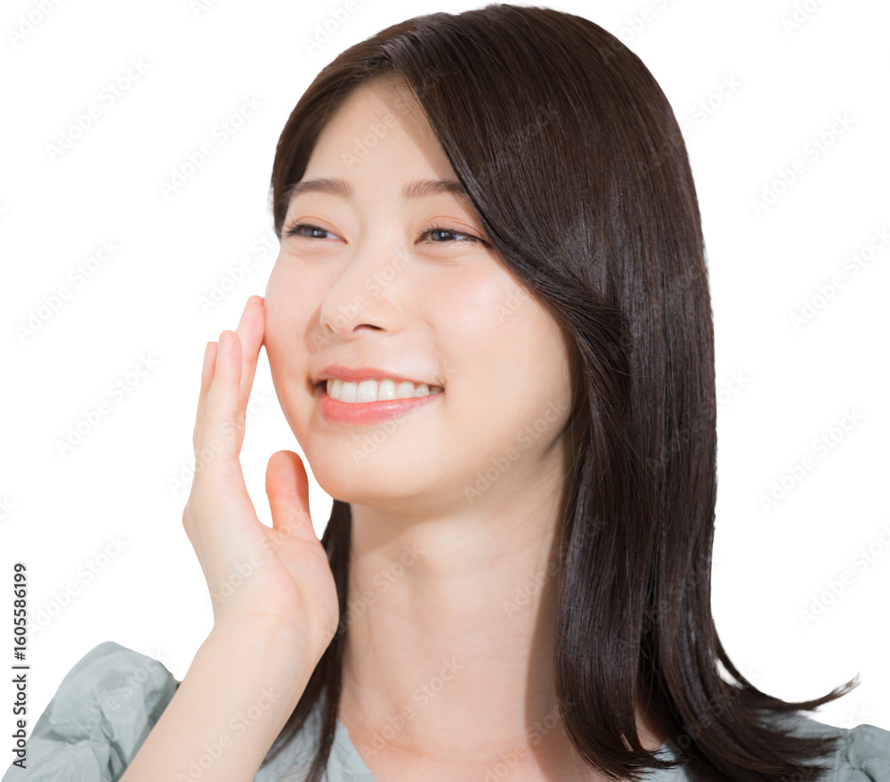 Fototapeta premium 笑顔で喜ぶ若い女性 美容やビューティーイメージのクローズアップ お肌モチモチ背景透明
