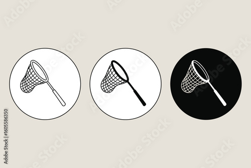 Three circular icons featuring a butterfly net in different styles