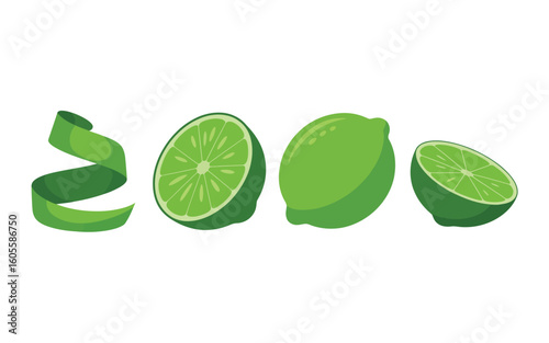 Fresh green lime fruit with peel and slices isolated on white background