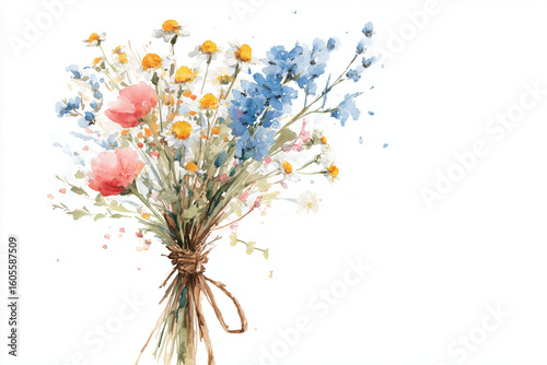 Wildflower Watercolor Bouquet, Gentle Brush Art, Twine Tied